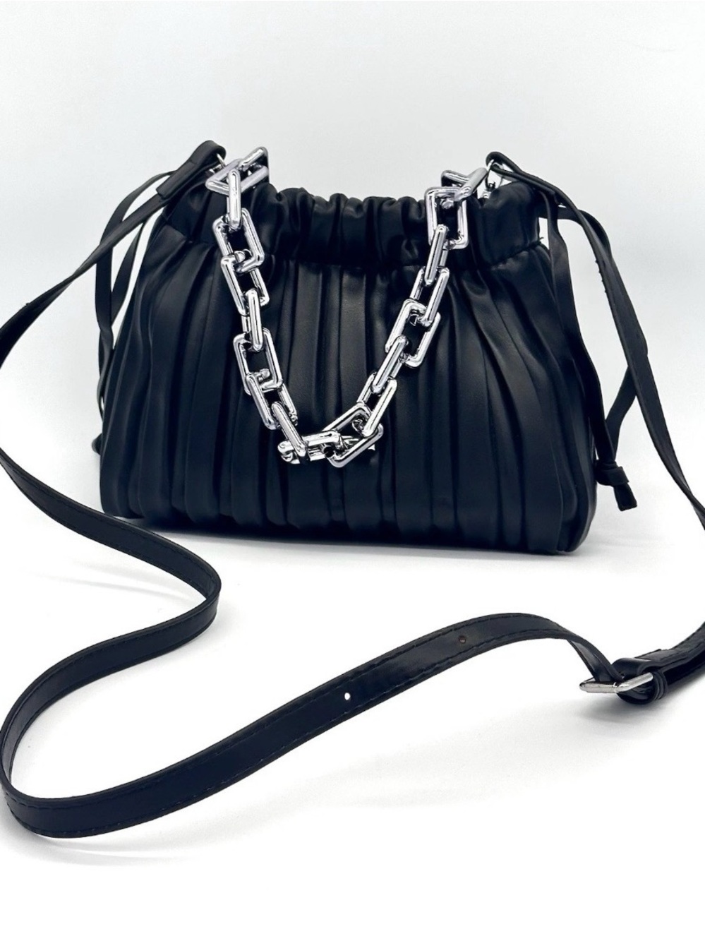 Plisse Pleated Drawstring Crossbody Bag Black Ruched Shoulder Purse Chain Strap